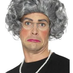 Smiffys Granny Old Lady Grandma Grey Hair Wig Grandmother Wig Pearls Glasses Costume Kit Wigs