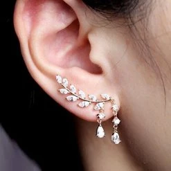 Unbranded Fashion Women Gold Silver Leaves Tassel Ear Stud Crystal Zircon Earrings Jewell Fashion Jewelry