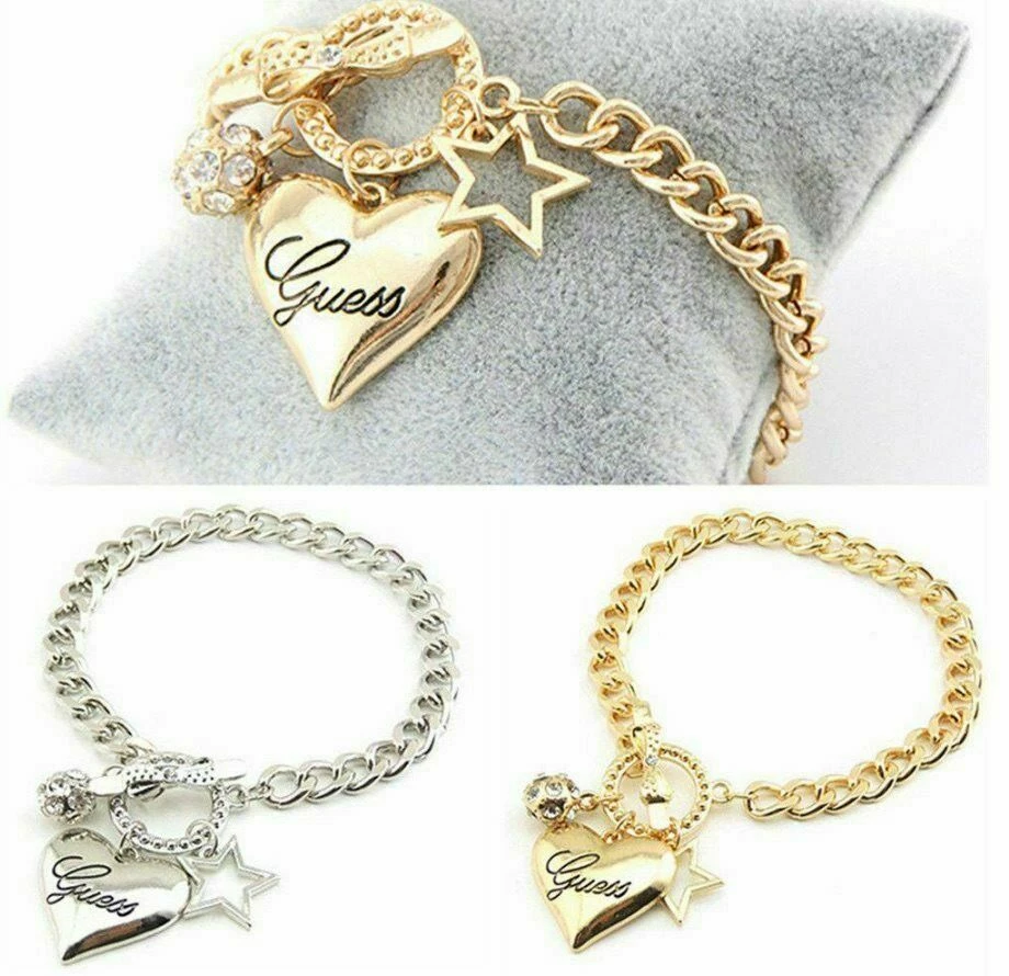 Unbranded GUESS Love Heart Crystal Star Charm Pendant Bracelet Bangle SILVER OR GOLD 1 Unbranded GUESS Love Heart Crystal Star Charm Pendant Bracelet Bangle SILVER OR GOLD