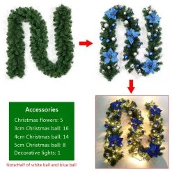 FB Market Place Christmas Decorations 9FT BLUE Christmas Garland Decoration With 40 LED Fairy Lights Pinecones Baubles & Flowers