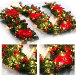FB Market Place Christmas Decorations 9FT RED Christmas Garland Decoration With 40 LED Fairy Lights Pinecones Baubles & Flowers