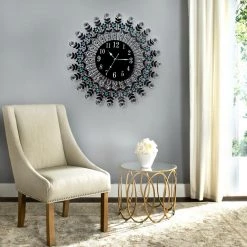 Crazy Crazy & More Crazy Deals Home & Garden 3D Diamond Wall Clock Metal Round Clear And Aqua Stones 67cm X 67cm