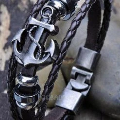 Crazy Crazy & More Crazy Deals Mens Black Genuine Leather Bracelet With Anchor