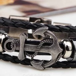 Crazy Crazy & More Crazy Deals Mens Black Genuine Leather Bracelet With Anchor