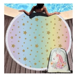 AliExpress Home & Garden Large Round Unicorn Beach Towel Picnic Blanket Wall Tapestry With String Bag Set